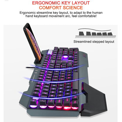 لوحة مفاتيح مريحة وسلكية للألعاب مع حامل هاتف بإضاءة خلفية RGB