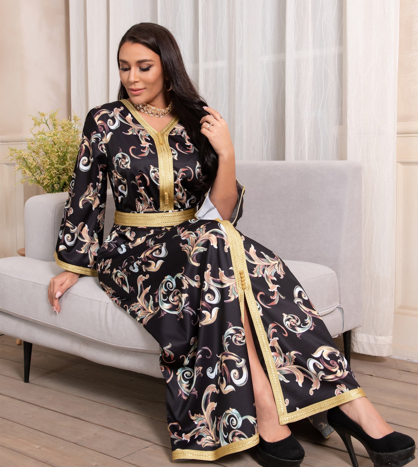 فستان طويل مطبوع بحزام طويل رمضان دبي نسائي جديد مسلم جديد