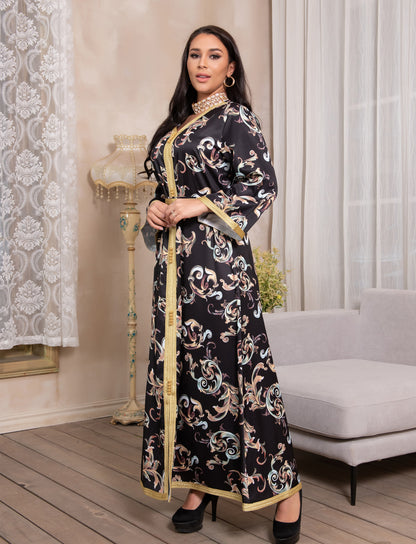 فستان طويل مطبوع بحزام طويل رمضان دبي نسائي جديد مسلم جديد