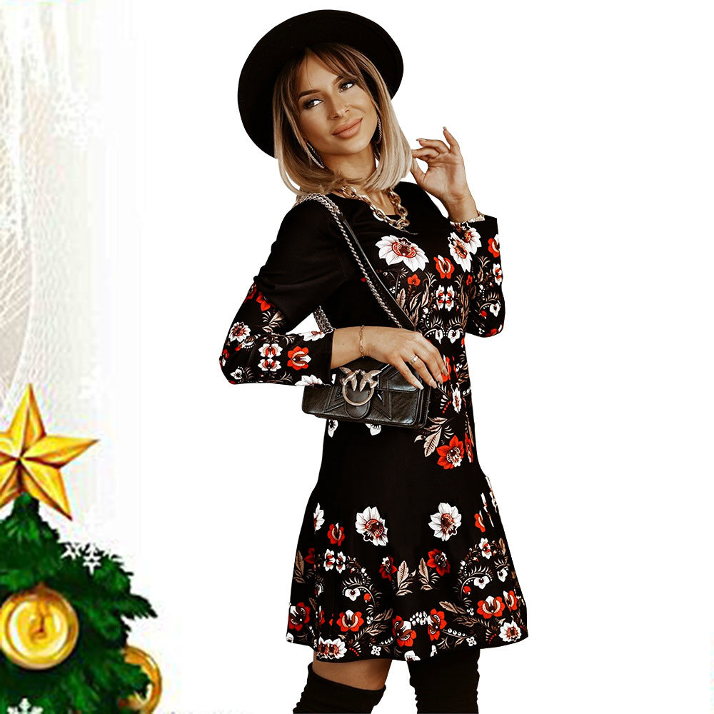 فستان محبوك بأكمام طويلة بأكمام طويلة ضيقة مطبوع عليه طبعة عيد الميلاد