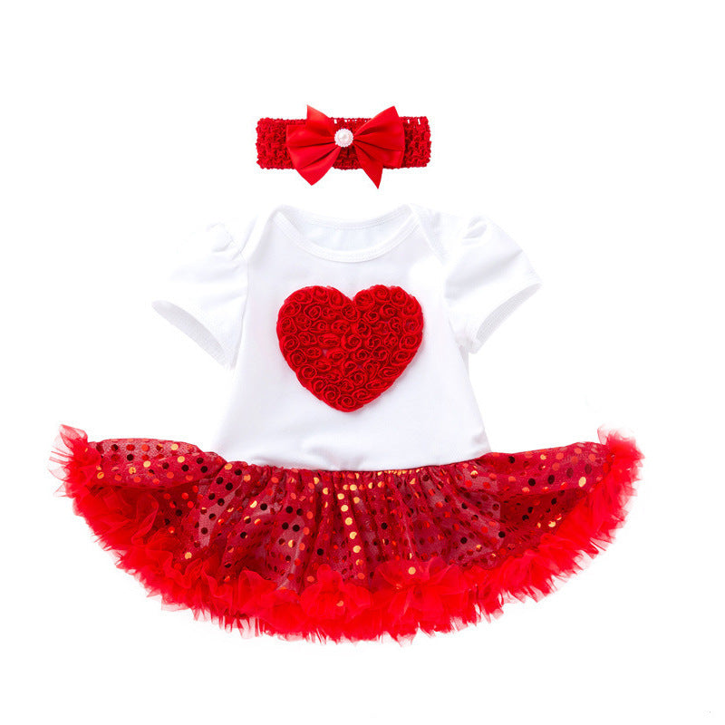 فستان عيد الميلاد للأطفال الرضع بأكمام قصيرة مطرزة بالحب للأطفال