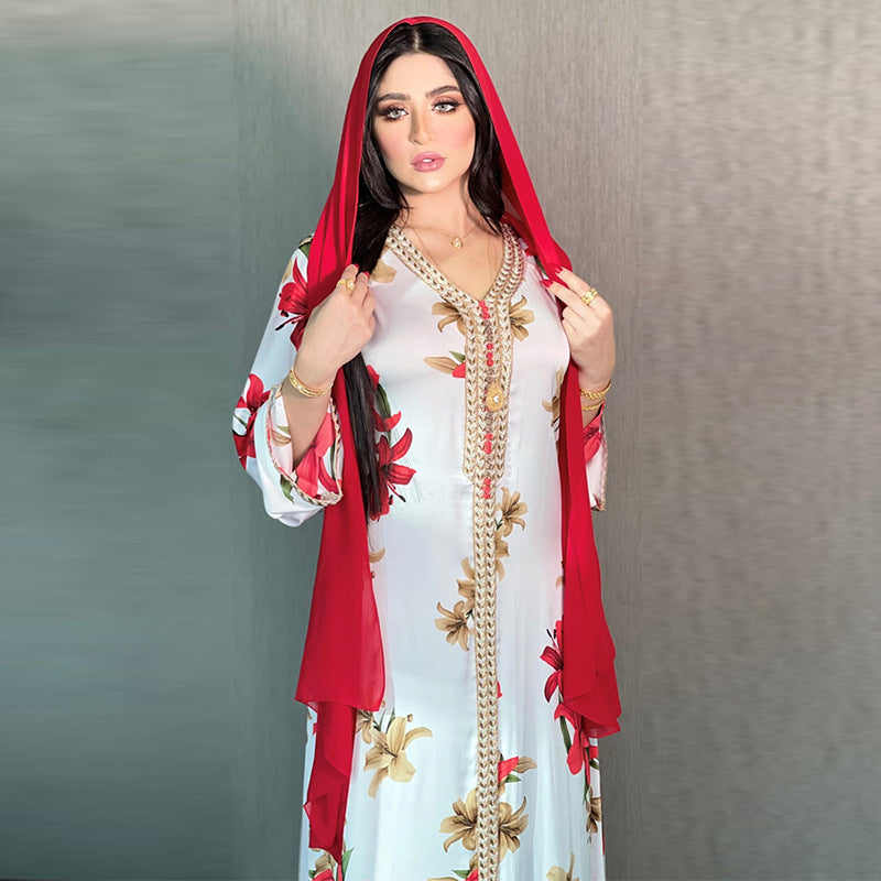 فستان عربي نسائي مطبوع من الدانتيل والدانتيل