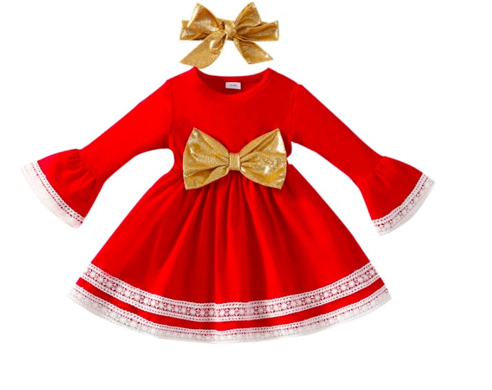 فستان الكريسماس الأحمر للبنات الرضيعات رباط رأس بعقدة عنق