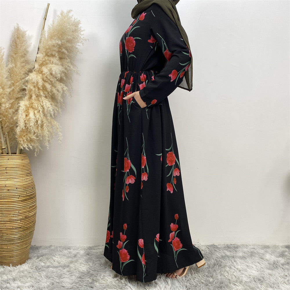 أزياء رداء دبي بطبعة ورود كبيرة مطبوع عليها فستان دبي