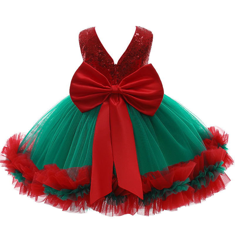فستان أطفال بتنورة عيد الميلاد مزين بالترتر مع عقدة