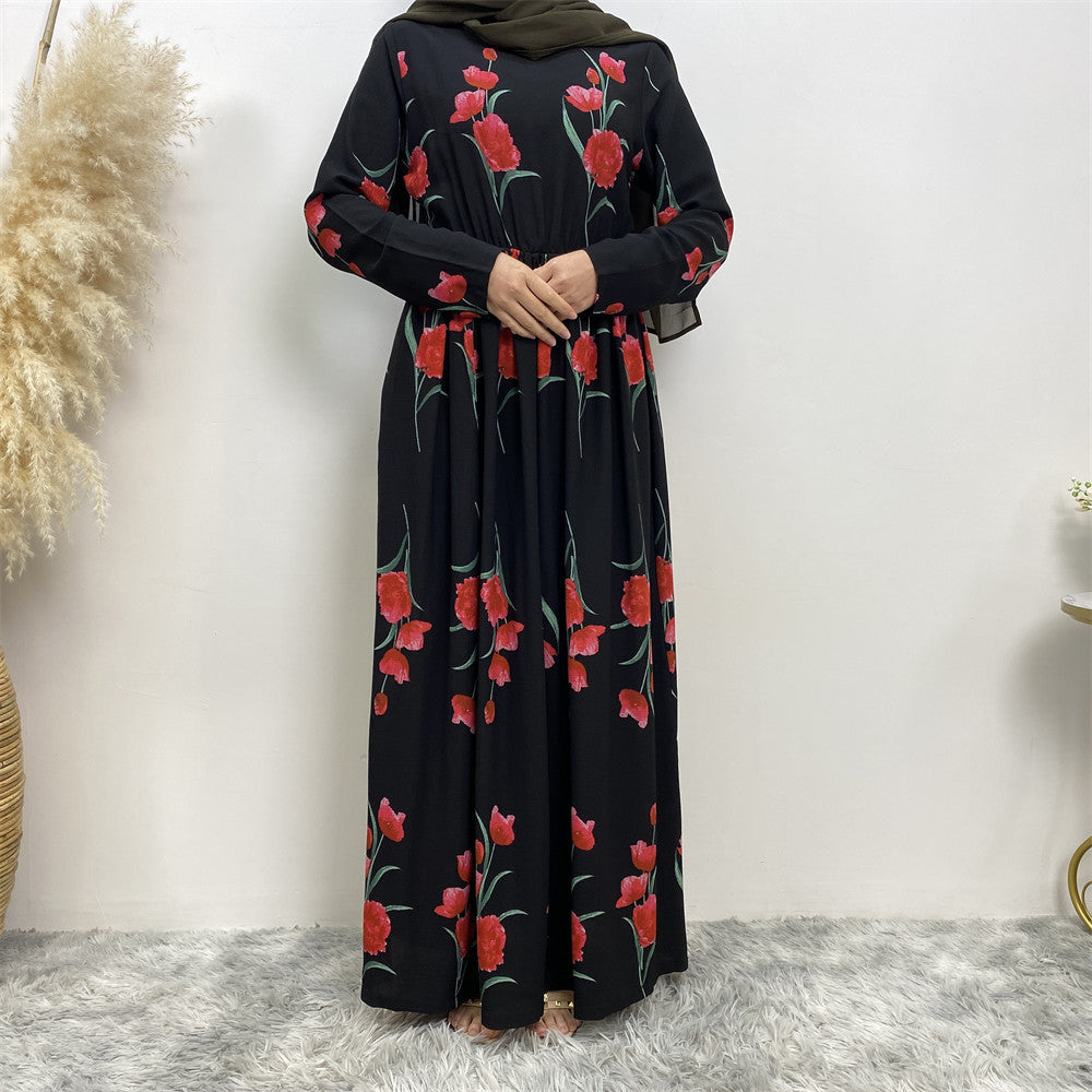 أزياء رداء دبي بطبعة ورود كبيرة مطبوع عليها فستان دبي