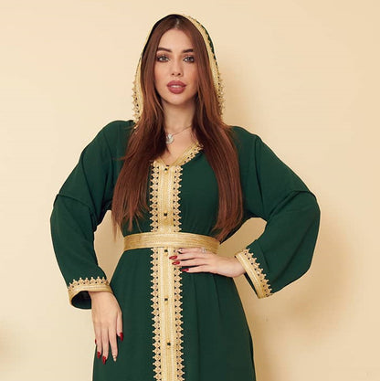 فستان سوينغ نسائي أخضر كتان أخضر إسلامي سعودي بغطاء رأس نسائي