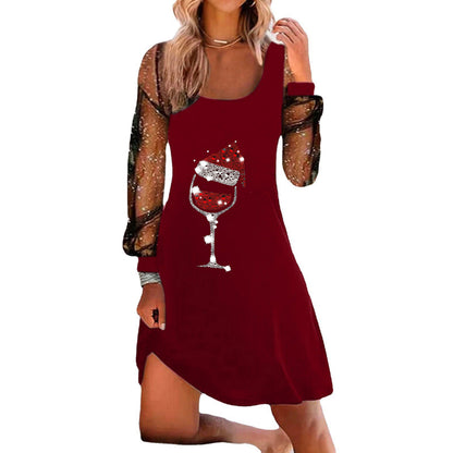 فستان بأكمام طويلة بأكمام طويلة مطبوع عليه زجاج النبيذ لعيد الميلاد