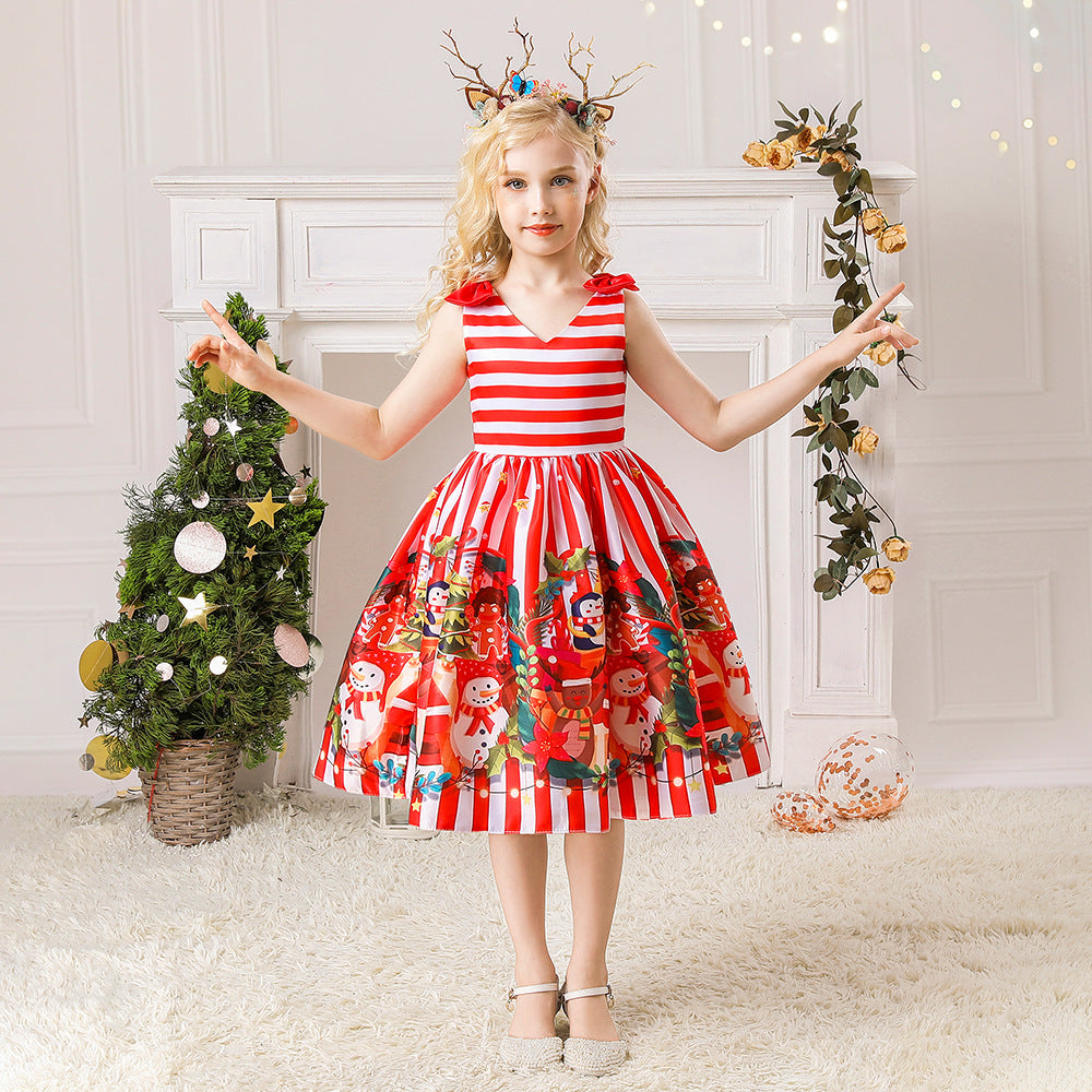 فستان كريسماس للأطفال بطبعات كرتونية من الساتان مطبوع عليه ملابس أداء كرتونية