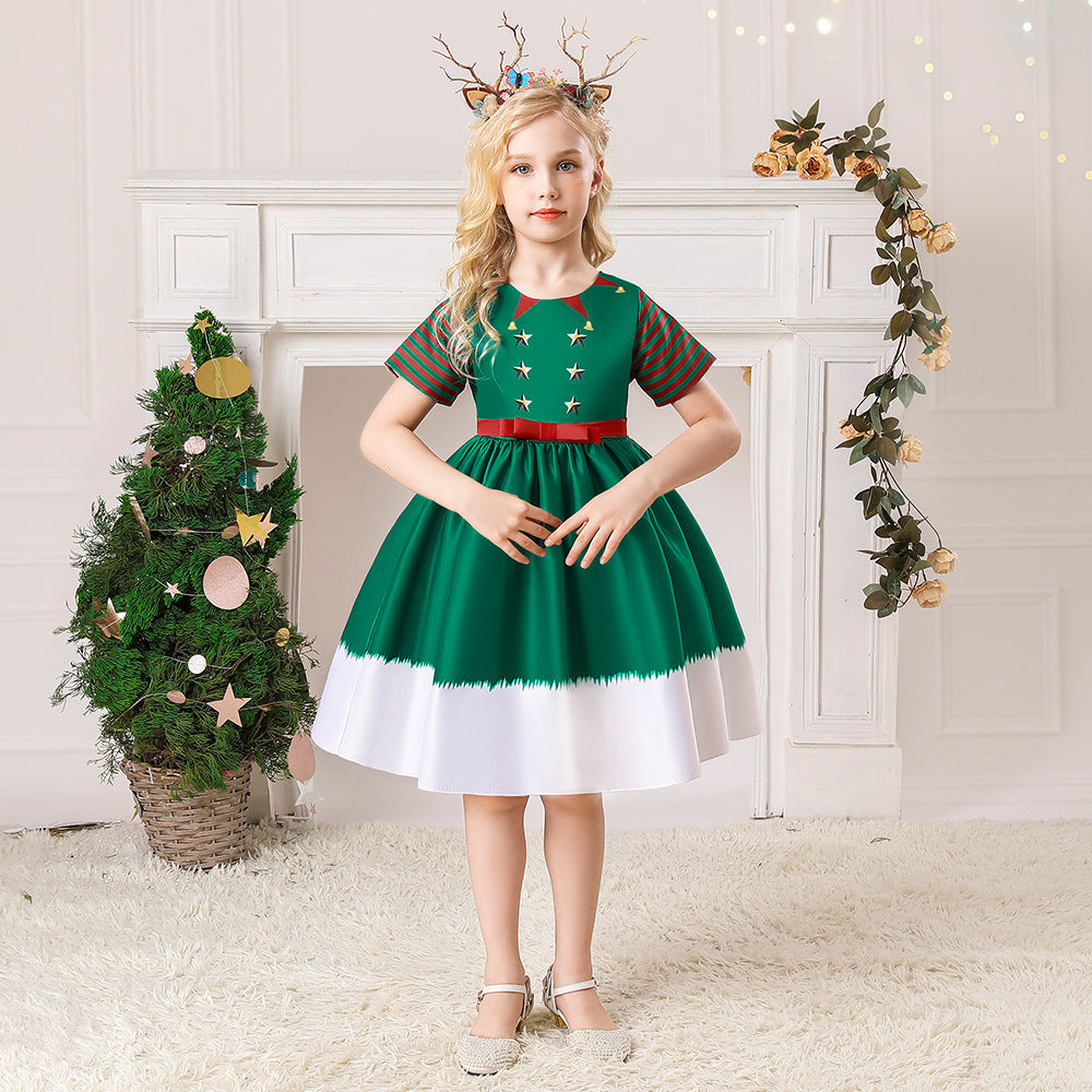 فستان كريسماس للأطفال بطبعات كرتونية من الساتان مطبوع عليه ملابس أداء كرتونية