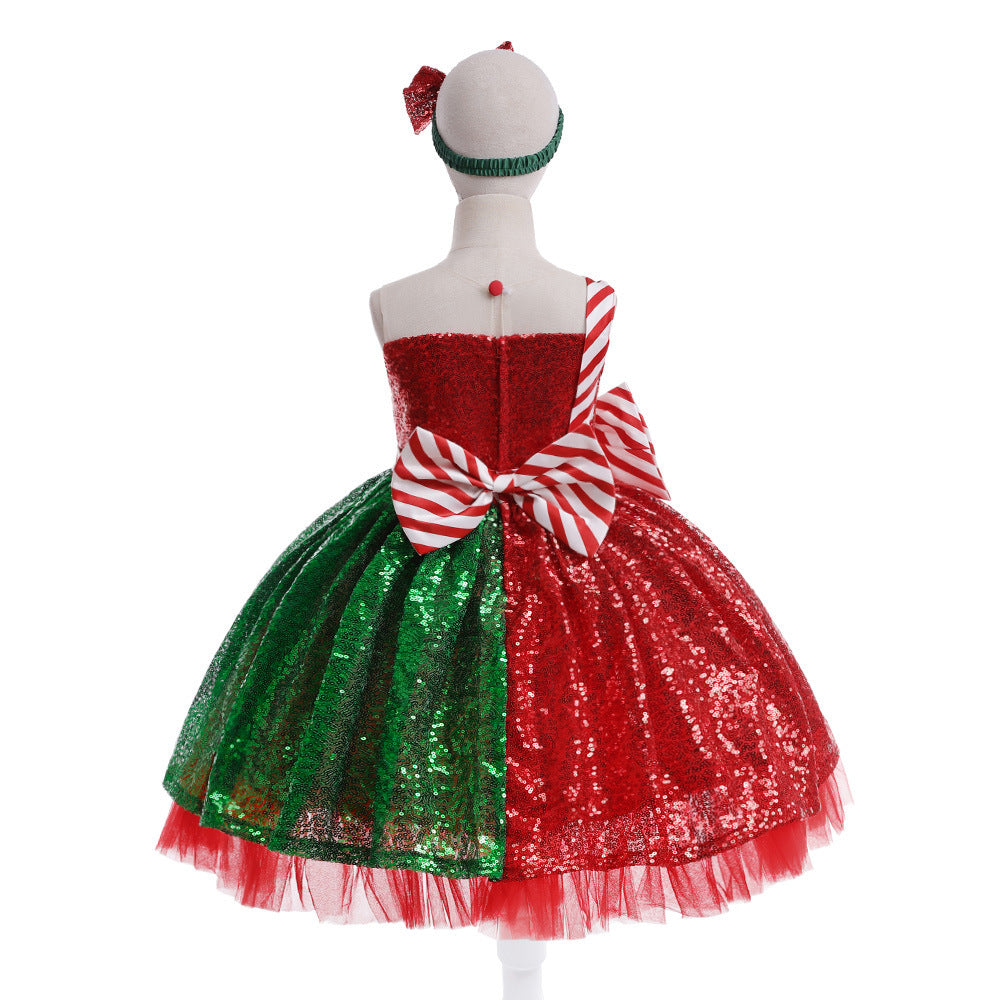 فستان كريسماس للبنات مزين بعقدة مطرز بالترتر