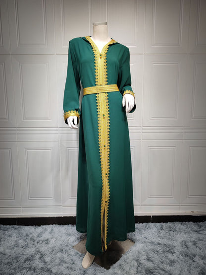 فستان سوينغ نسائي أخضر كتان أخضر إسلامي سعودي بغطاء رأس نسائي