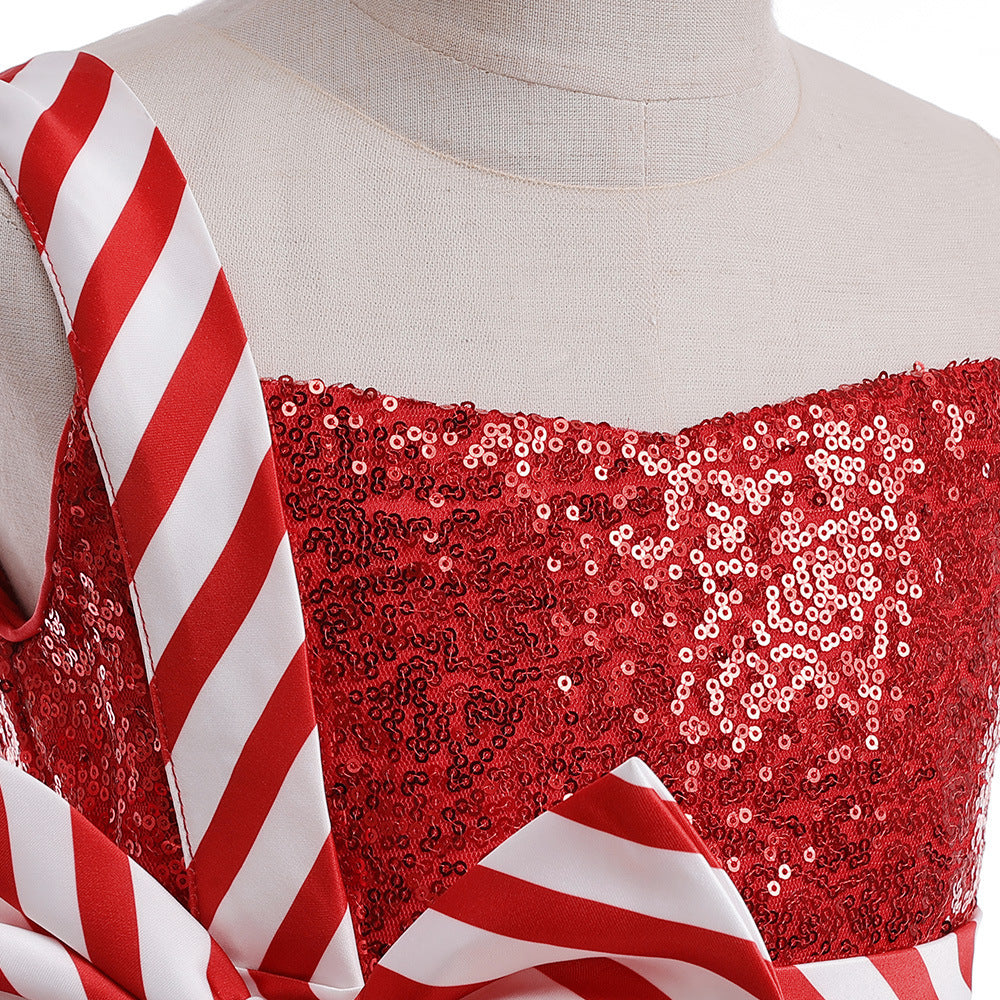 فستان كريسماس للبنات مزين بعقدة مطرز بالترتر