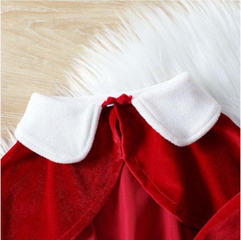 فستان كريسماس لطيف بطبعة عباءة سادة اللون مع عقدة عيد الميلاد