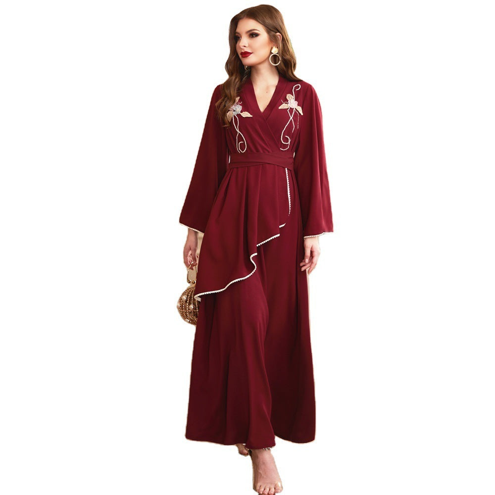 فستان نسائي بأكمام طويلة بأكمام طويلة مزين باللؤلؤ الأحمر النبيذي